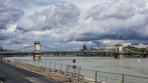 Chain bridge over danube river against cloudy sky over the parlament