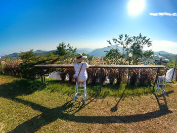 Rear view of man standing against sky on sunny day