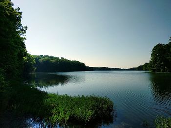 Scenic view of calm lake against clear sky