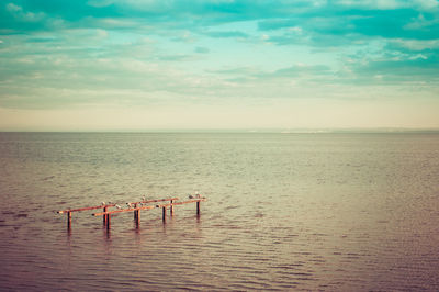 Wooden posts in sea against sky