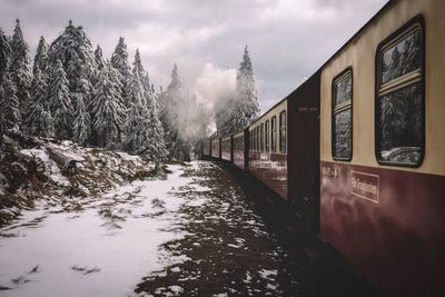 Steam train passing by snow covered trees