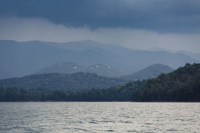 Calm lake against mountain range