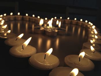 Close-up of lit candles in formation