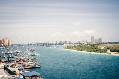 Scenic view of harbor against sky