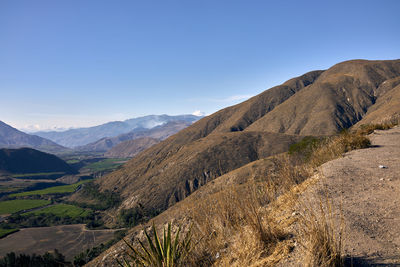 Scenic view of mountains against clear blue sky