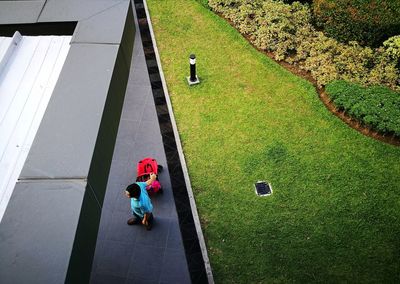 High angle view of people walking on grass