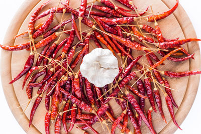 High angle view of red chili peppers on table