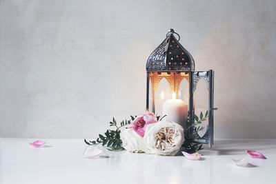 Pink rose on table against wall