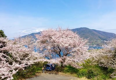 Scenic view of mountains against blue sky