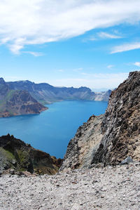 Scenic view of sea and mountains against sky