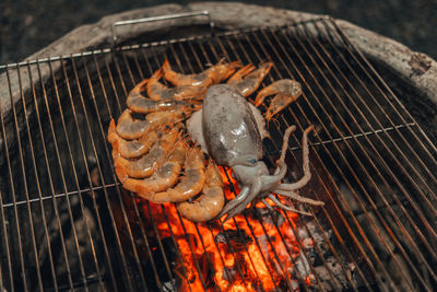 Close-up of meat on barbecue grill