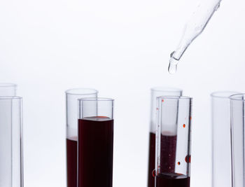 Close up of a pipette dropping a red sample into a test flask. the concept of analyzes 