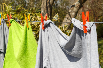 Close-up of clothes drying on clothesline