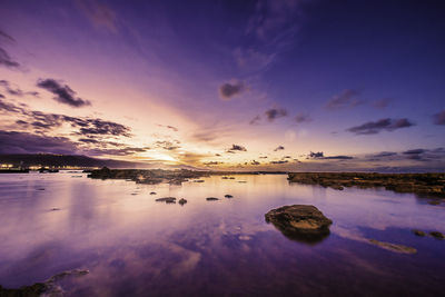 Scenic view of beach against sky during sunset