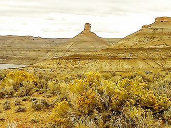 View of desert against cloudy sky