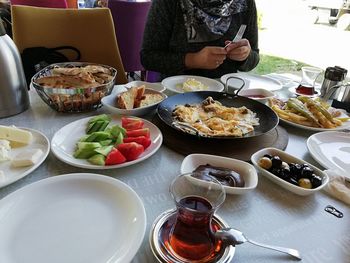 High angle view of breakfast served on table