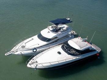 High angle view of ship moored on sea