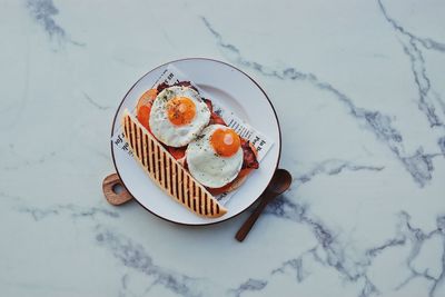 High angle view of breakfast served on table