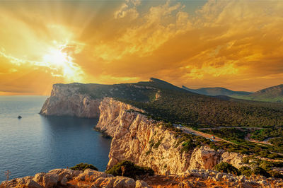 Landscape of sardinian coast of capo caccia, near the city of alghero, at dramatic sunset