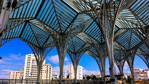 Low angle view of modern office building against blue sky