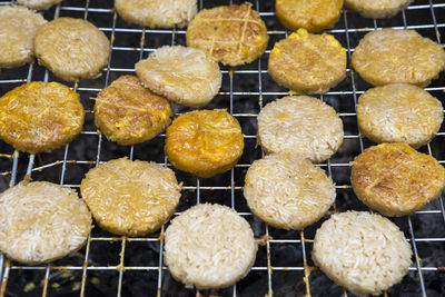 High angle view of food on barbecue grill