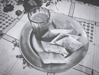 High angle view of breakfast on table