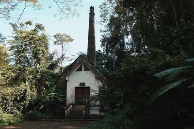 House amidst trees and plants in forest against sky