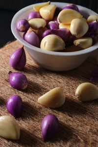 High angle view of eggs in bowl on table