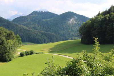 Scenic view of landscape and mountains against sky