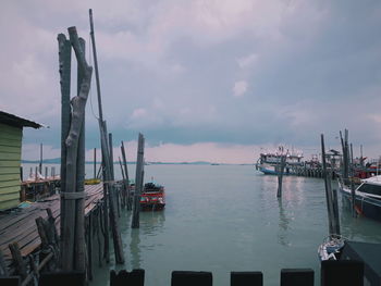 Sailboats moored in harbor against sky