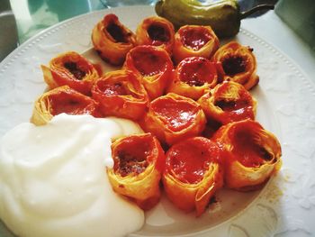 High angle view of breakfast served in plate