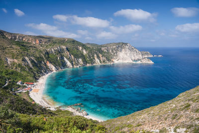 Scenic view of sea and mountains against sky