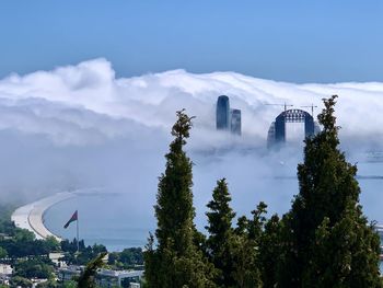 Panoramic view of trees and mountains against sky