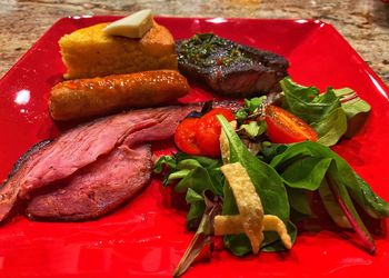High angle view of meal served on table
