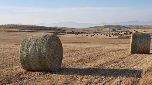 Hay bales on field against sky