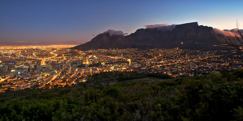 High angle shot of illuminated townscape