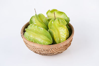 Close-up of green chili peppers in basket