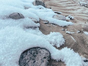 Snow covered land by sea