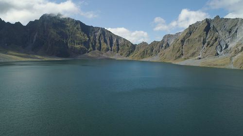 Scenic view of lake and mountains against sky