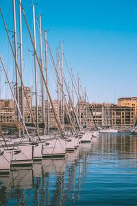 Sailboats in river by buildings against blue sky
