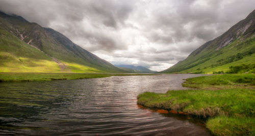 Scenic view of lake and mountains against sky