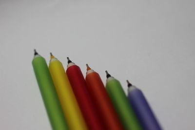 Close-up of colored pencils against white background