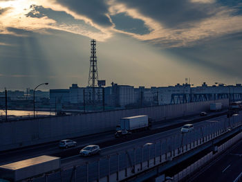 High angle view of road against sky at sunset