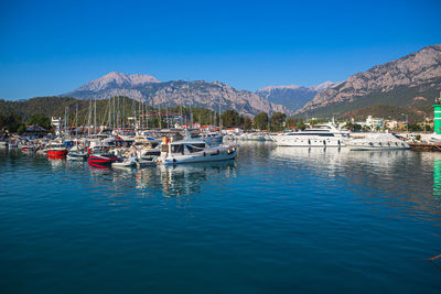 Scenic view of lake against clear blue sky