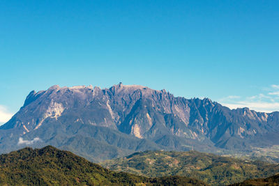 Scenic view of mountains against clear blue sky