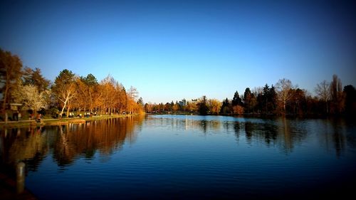 Scenic view of lake against clear blue sky