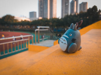 Close-up of stuffed toy on swimming pool against buildings in city