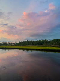 Scenic view of lake against sky during sunset