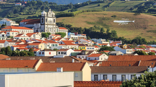 High angle view of buildings in town