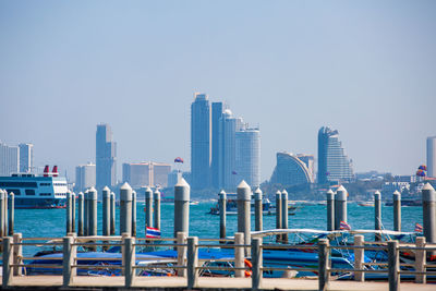 Panoramic view of sea and buildings against clear sky